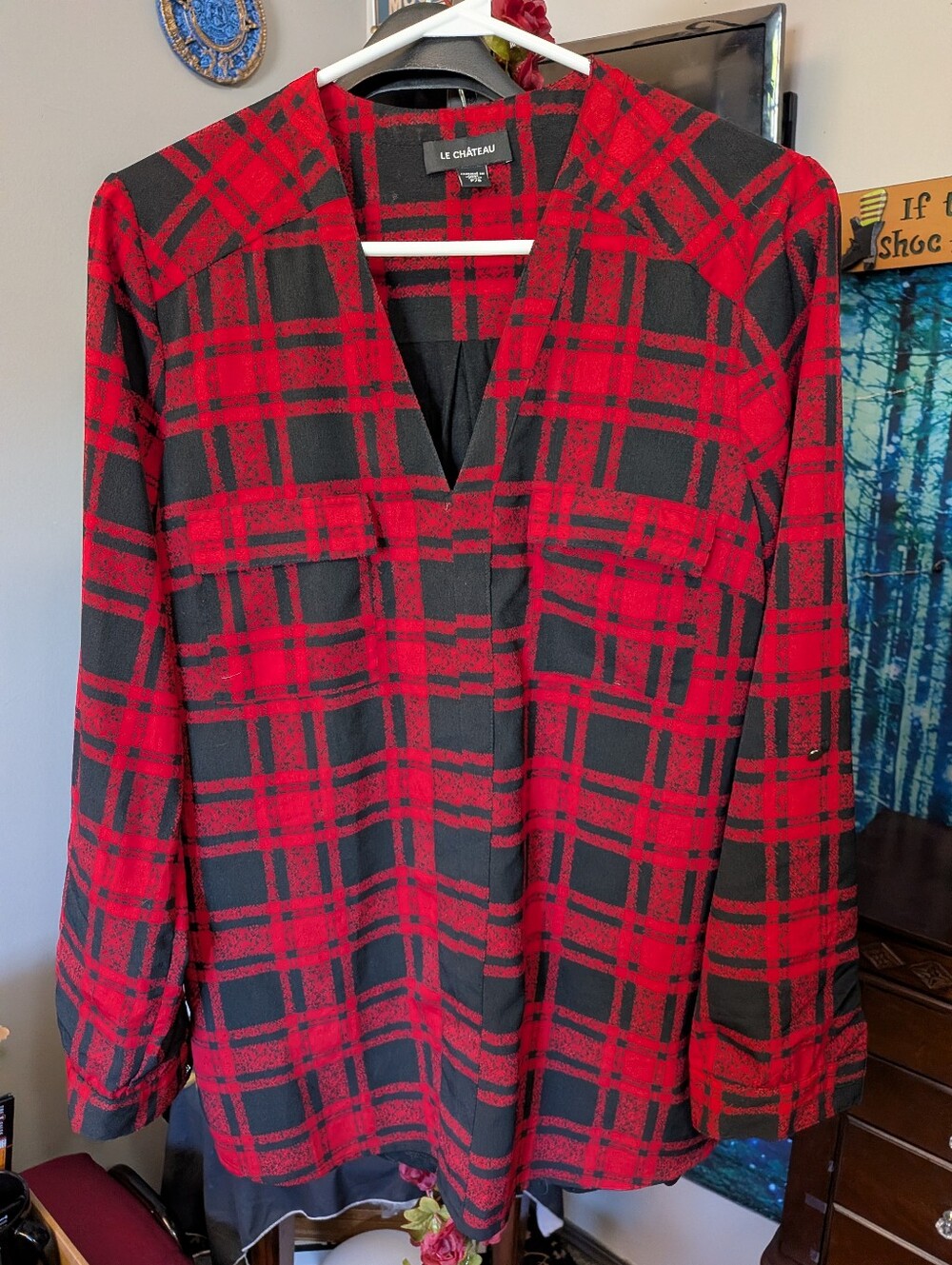 Le Château Red & Black Plaid Top, Size Small